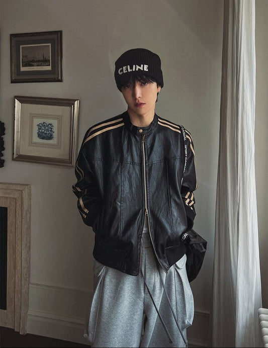 RT No. 11454 DOUBLE STRIPED MOTORCYCLE LEATHER JACKET