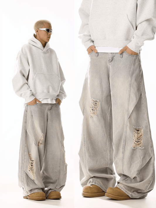 RT No. 19805 RECONSTRUCTED CREAM-BLUE WIDE STRAIGHT JEANS