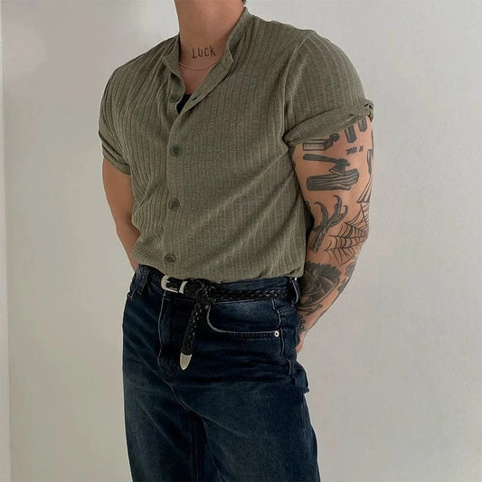 RT No. 19007 BUTTON-UP HENLEY COLLAR SHORT SLEEVE