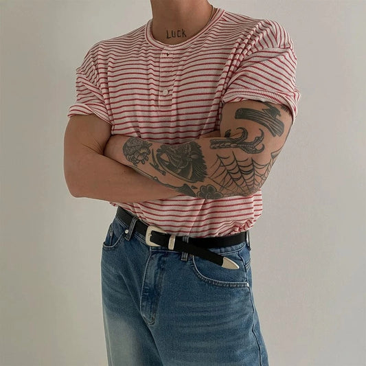 RT No. 19008 KNIT STRIPED HENLEY COLLAR SHORT SLEEVE