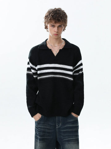 RT No. 50208 STRIPED V-NECK COLLAR SWEATER