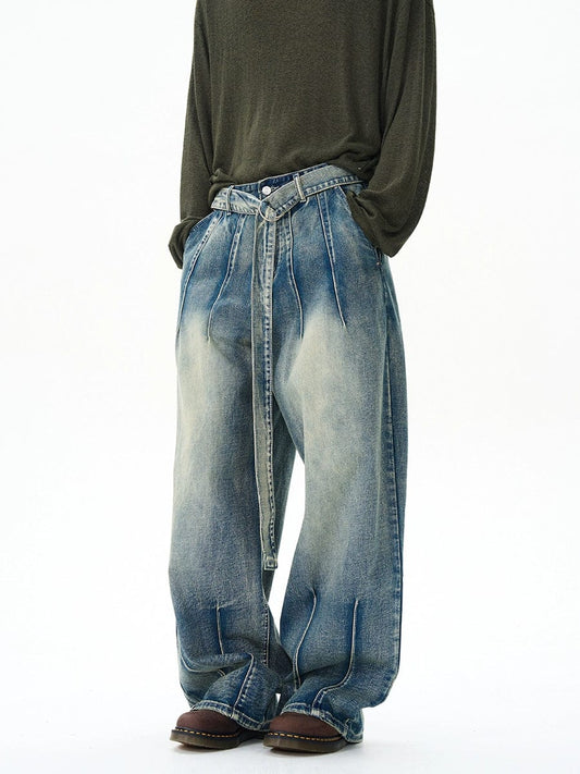 RT No. 12159 WASHED DENIM PLEATED STRAIGHT JEANS