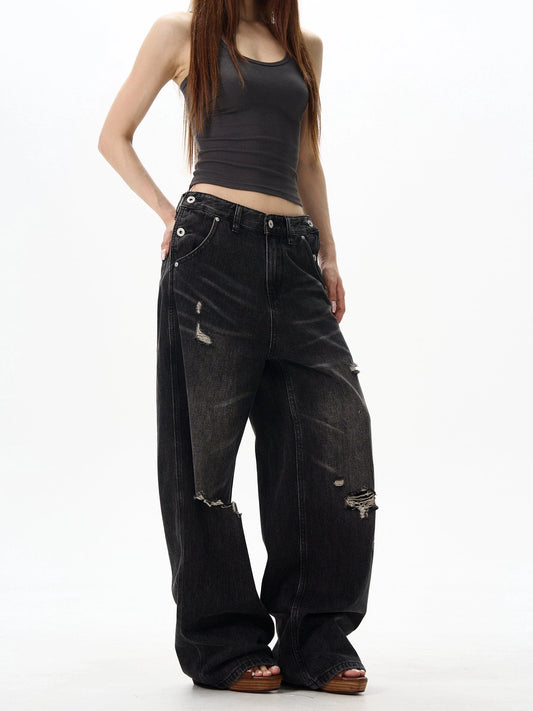 RT No. 18030 BLACK DISTRESSED DENIM STRAIGHT JEANS