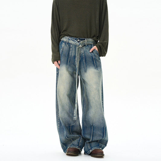 RT No. 12159 WASHED DENIM PLEATED STRAIGHT JEANS