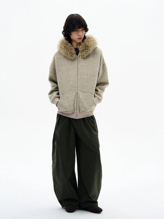 RT No. 32093 KNITWEAR STRIPED FUR COLLAR ZIP HOODIE