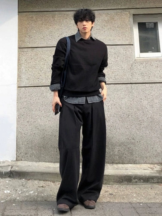RT No. 32035 PLEATED BLACK WIDE BAGGY PANTS