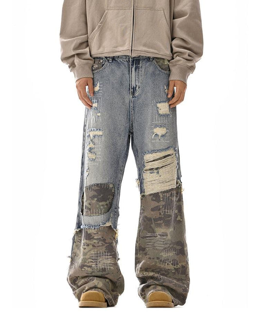 RT No. 12110 CAMO PATCH DISTRESSED DENIM JEANS