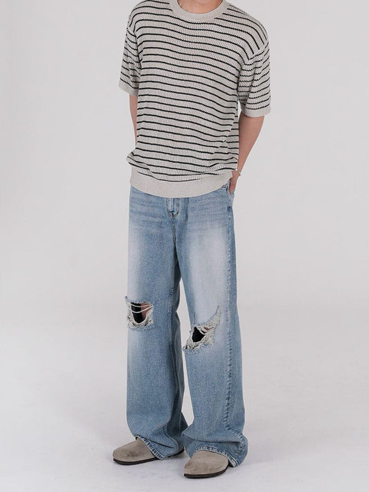 RT No. 12589 LIGHT BLUE RIPPED STRAIGHT DENIM JEANS