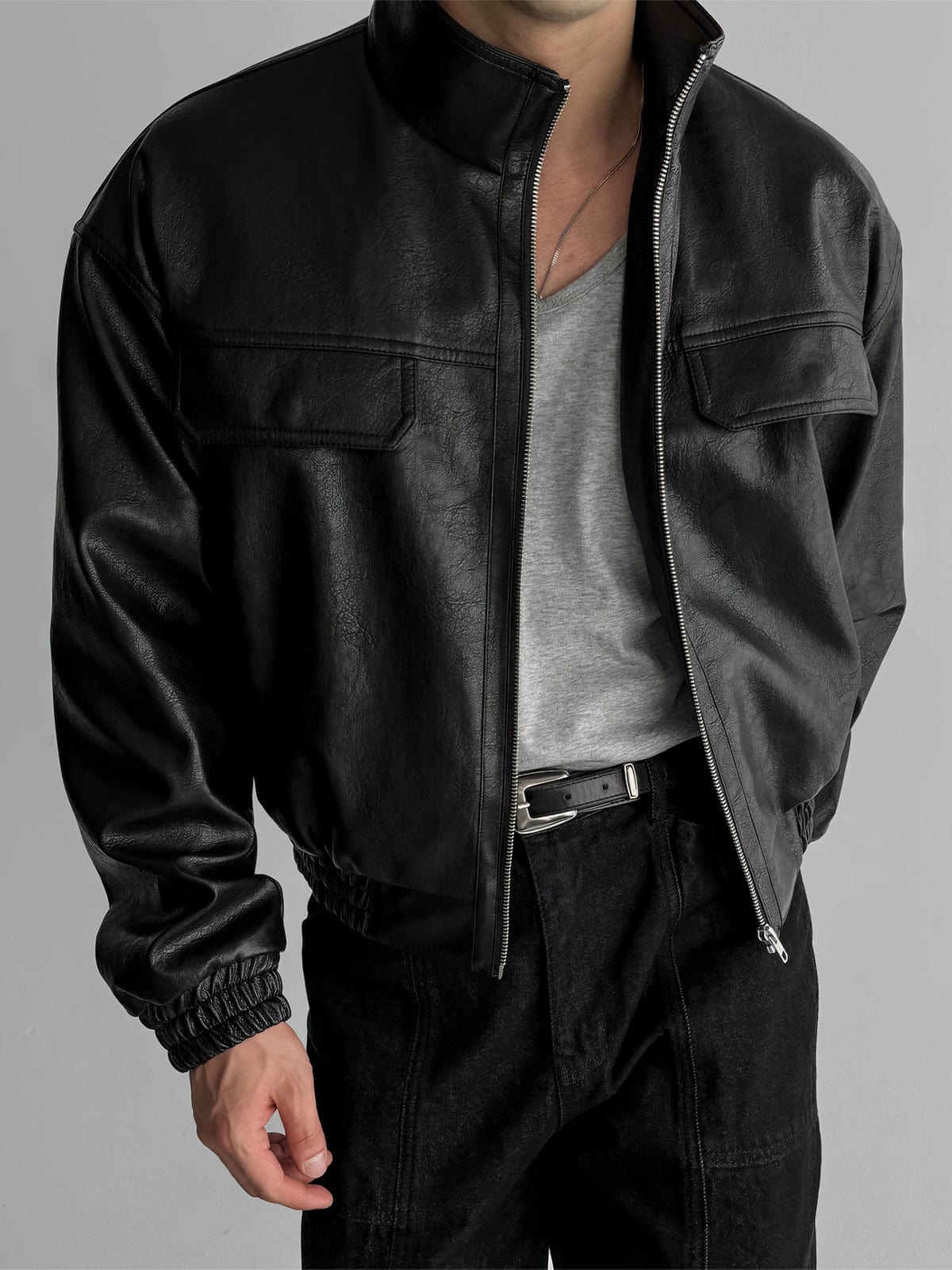 RT No. 12467 BLACK STAND COLLAR LEATHER JACKET – REALTAKAI