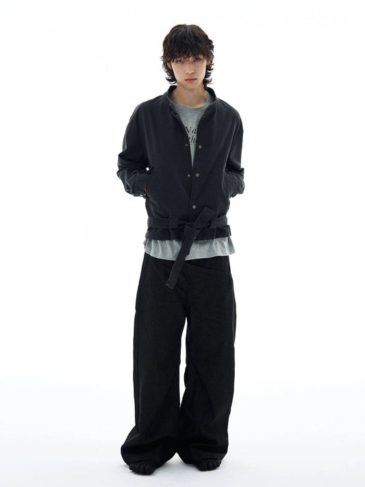 RT No. 25042 BLACK DOUBLE-WAIST STRAIGHT JEANS