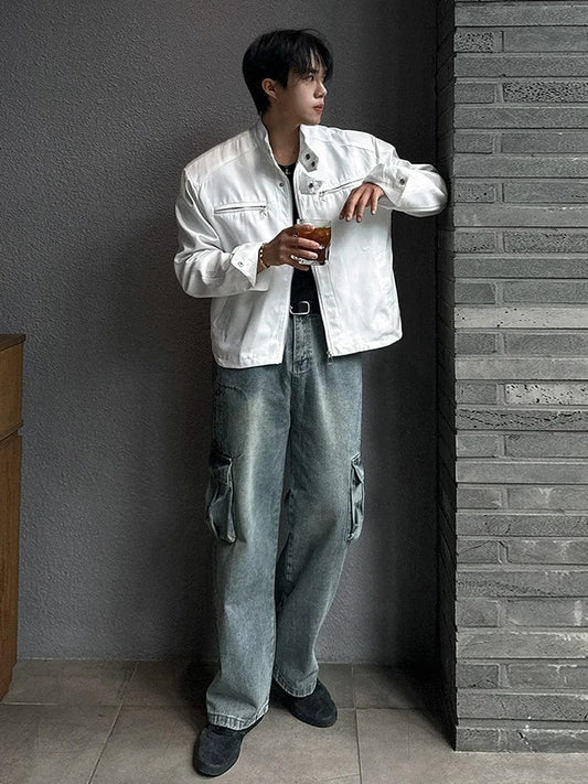 RT No. 29054 WHITE MOTORCYCLE COLLAR ZIP JACKET