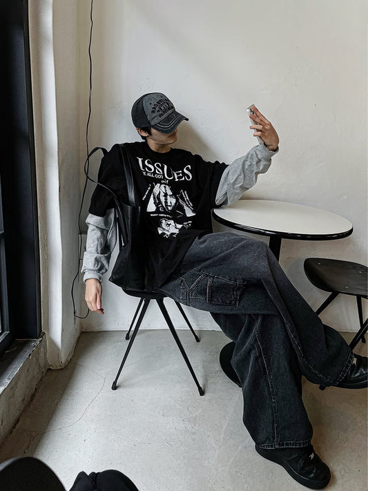 RT No. 12663 WASHED BLACK WIDE STRAIGHT DENIM JEANS