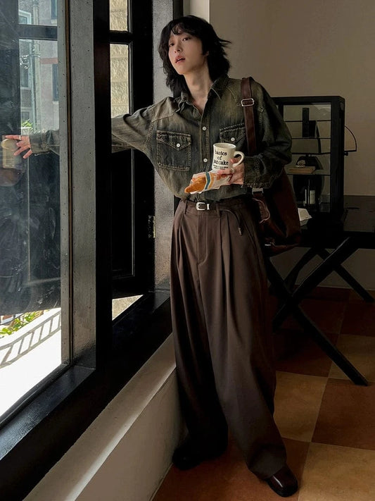 RT No. 32046 BROWN PLEATED WIDE STRAIGHT PANTS