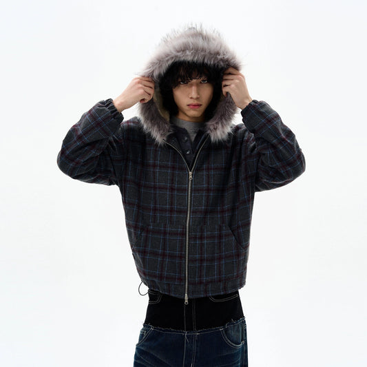 RT No. 32505 PLAID FUR ZIP HOODIE