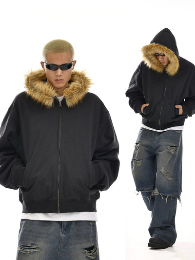 RT No. 12054 CARBON BLACK FUR ZIP-UP HOODIE