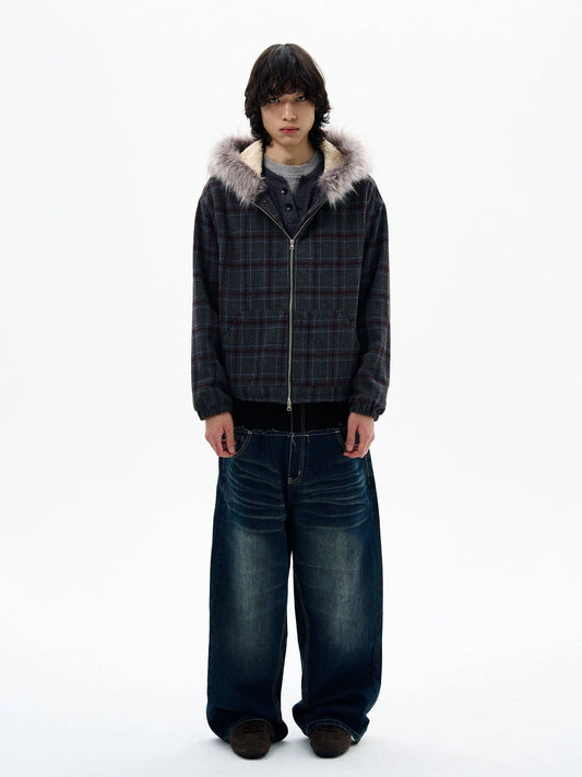 RT No. 32505 PLAID FUR ZIP HOODIE