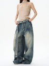 RT No. 12159 WASHED DENIM PLEATED STRAIGHT JEANS