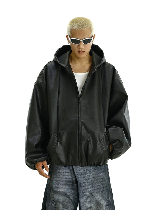 RT No. 11623 BLACK HOODED PULL LEATHER JK