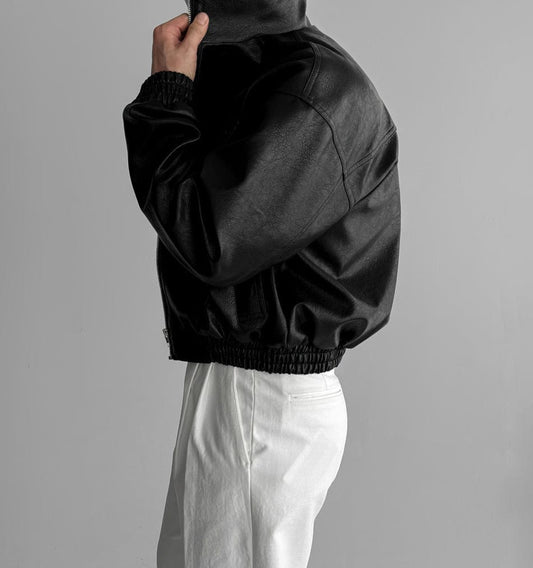 RT No. 12467 BLACK STAND COLLAR LEATHER JACKET