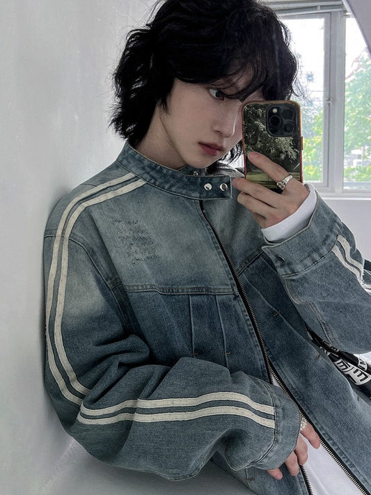 RT No. 12487 STRIPED BLUE BIKER DENIM JACKET