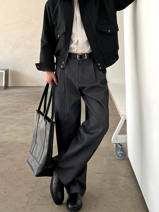 RT No. 12564 DARK GRAY PLEATED FOLDED STRAIGHT PANTS