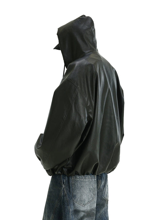 RT No. 11623 BLACK HOODED PULL LEATHER JACKET