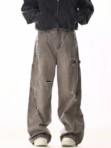 RT No. 19815 BROWN-GRAY DISTRESSED CARGO STRAIGHT PANTS