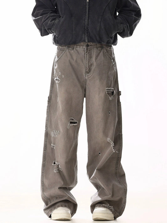 RT No. 19815 BROWN-GRAY DISTRESSED CARGO STRAIGHT PANTS