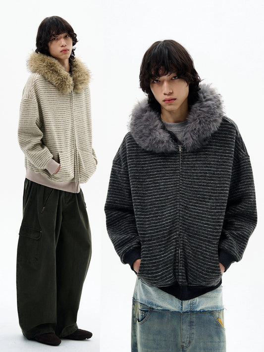 RT No. 32093 KNITWEAR STRIPED FUR COLLAR ZIP HOODIE