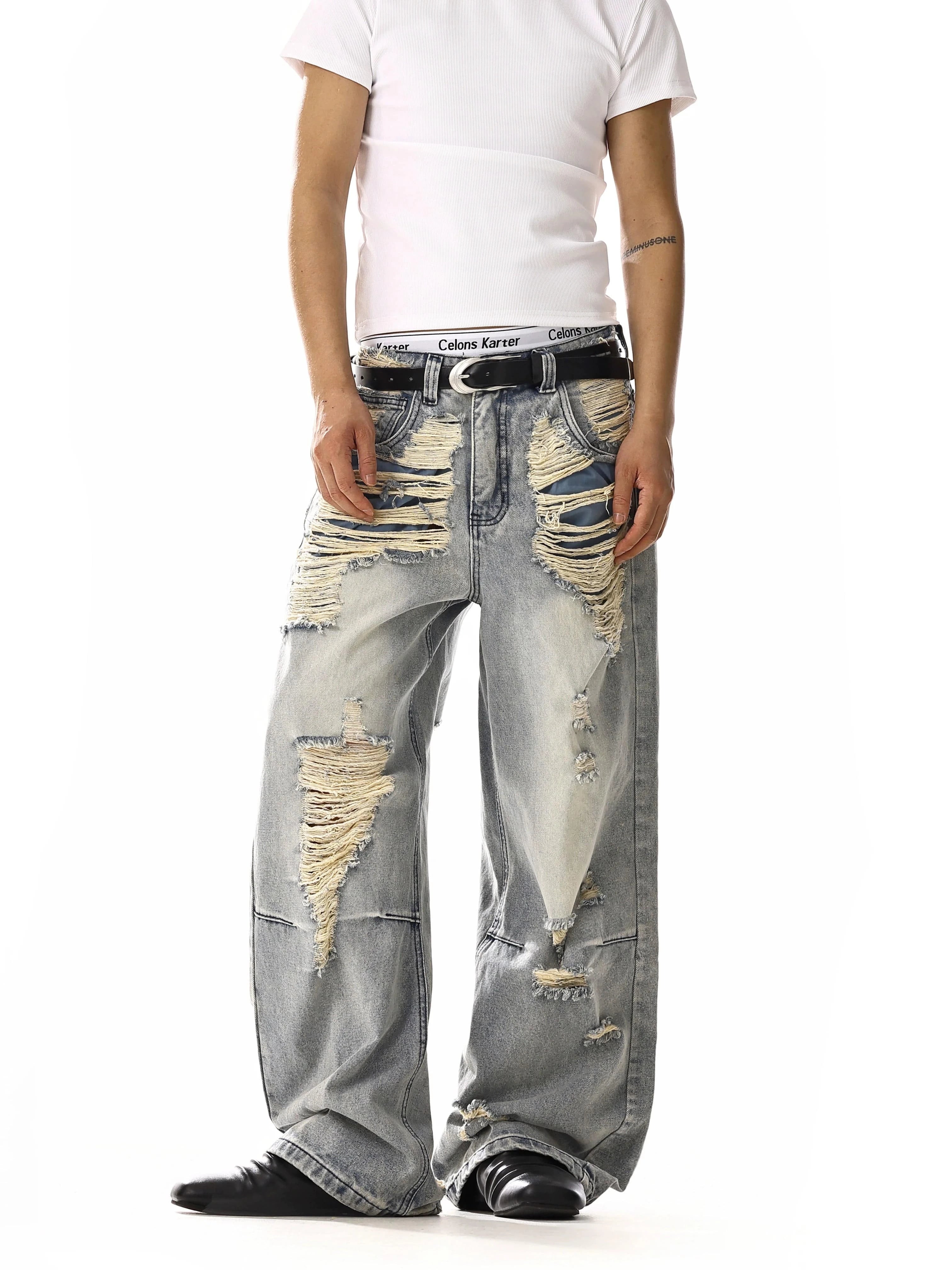 RT No. 18125 LIGHT BLUE DISTRESSED DENIM JEANS – REALTAKAI