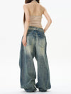 RT No. 12159 WASHED DENIM PLEATED STRAIGHT JEANS