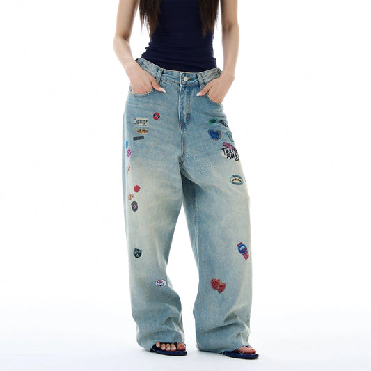 RT No. 19567 PRINTED LABEL BLUE DENIM BAGGY STRAIGHT JEANS
