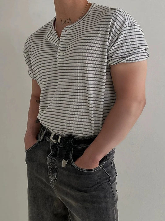 RT No. 19008 KNIT STRIPED HENLEY COLLAR SHORT SLEEVE