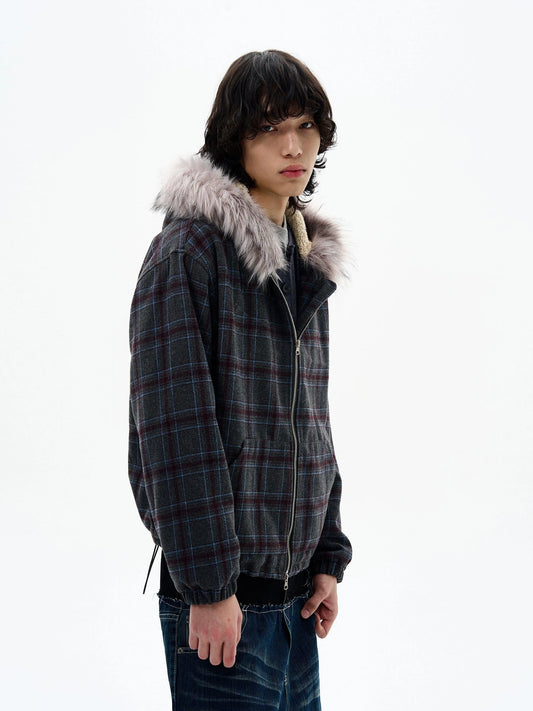 RT No. 32505 PLAID FUR ZIP HOODIE