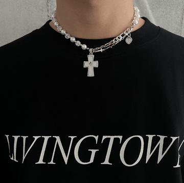 HALF PEARL HALF DOUBLE CHAIN CROSS NECKLACE