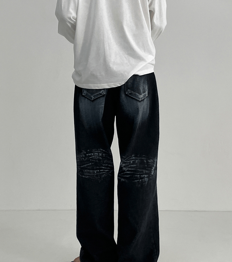 RT No. 7026 WASHED DISTRESSED WIDE STRAIGHT DENIM JEANS
