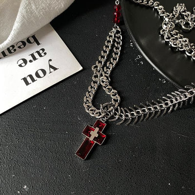 RED CROSS CHAIN FISHBONE NECKLACE