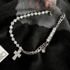 HALF PEARL HALF DOUBLE CHAIN CROSS NECKLACE