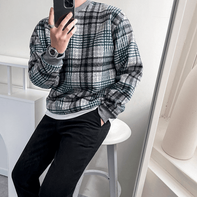RT No. 6164 KNITTED CREWNECK PLAID SWEATER