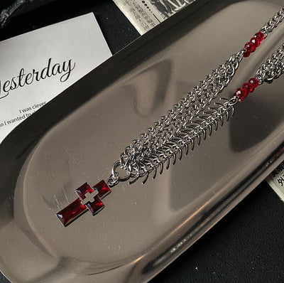 RED CROSS CHAIN FISHBONE NECKLACE