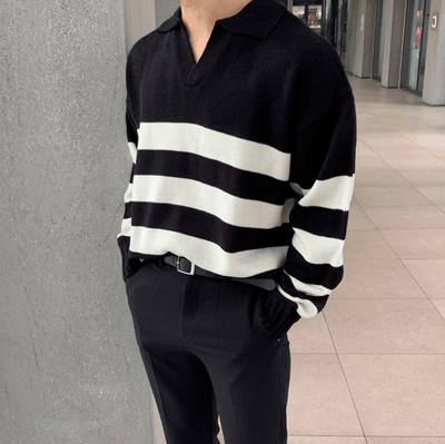 RT No. 6631 KNITTED V-NECK STRIPED COLLAR SWEATER