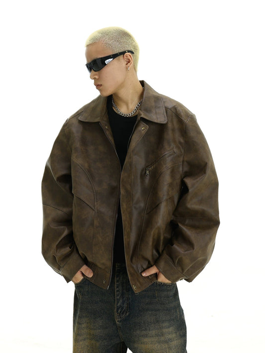 RT No. 10355 BROWN LEATHER ZIP-UP JACKET