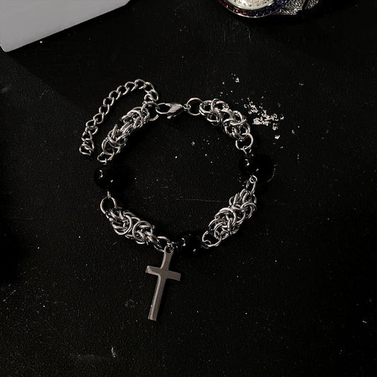 CROSS BLACK PEARL CHAIN BRACELET