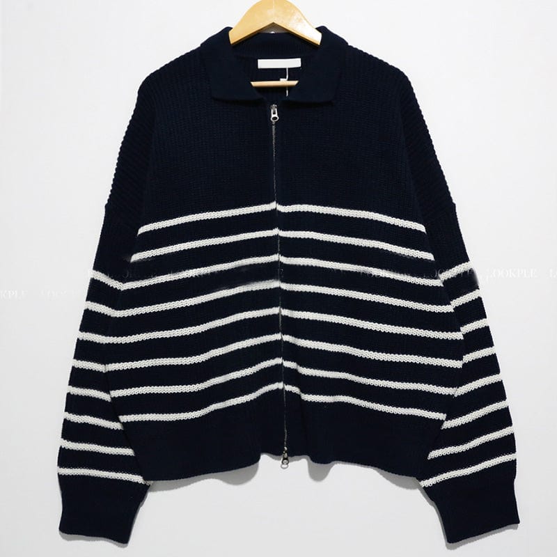 RT No. 6573 KNITTED STRIPED ZIP-UP COLLAR SWEATER