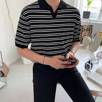 RT No. 8027 BLACK STRIPED V-NECK COLLAR SHORT SLEEVE