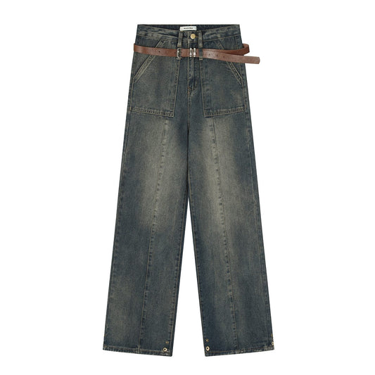 RTK (W) No. 1925 RECONSTRUCTED WIDE STRAIGHT DRAPE BELT DENIM JEANS