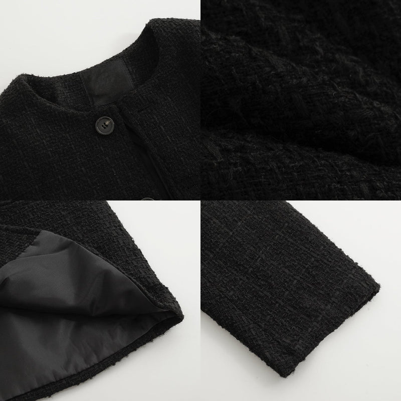 RT No. 5312 BLACK KNITTED TWEED COLLARLESS BUTTON-UP JK