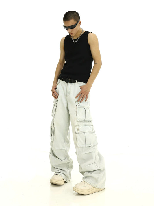 RT No. 10262 CREAM BLUE MULTI POCKET CARGO PANTS