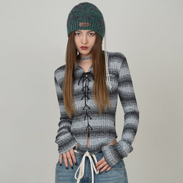 RTK (W) No. 1604 KNITTED DRAWSTRING STRIPED LONGSLEEVE