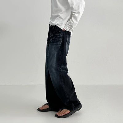 RT No. 7026 WASHED DISTRESSED WIDE STRAIGHT DENIM JEANS